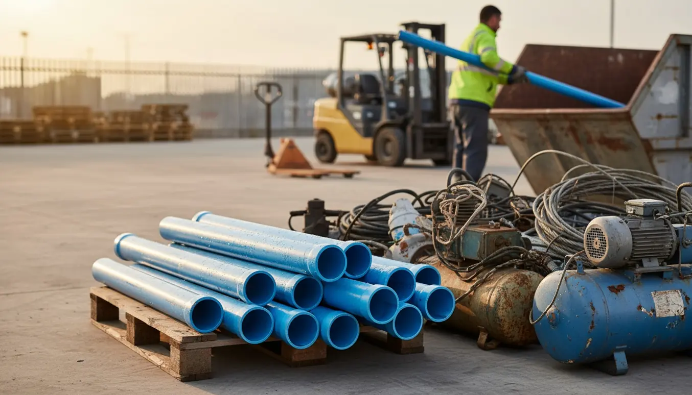 Blå plastrør og gamle maskiner stablet ved en genbrugscontainer i et udendørs værksted.