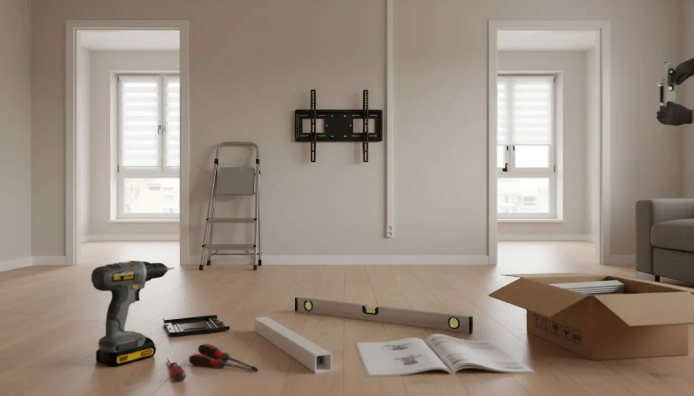 Nyinstallerede persienner i flere rum og et TV-vægbeslag med kabelkasse i en lys, moderne stue.