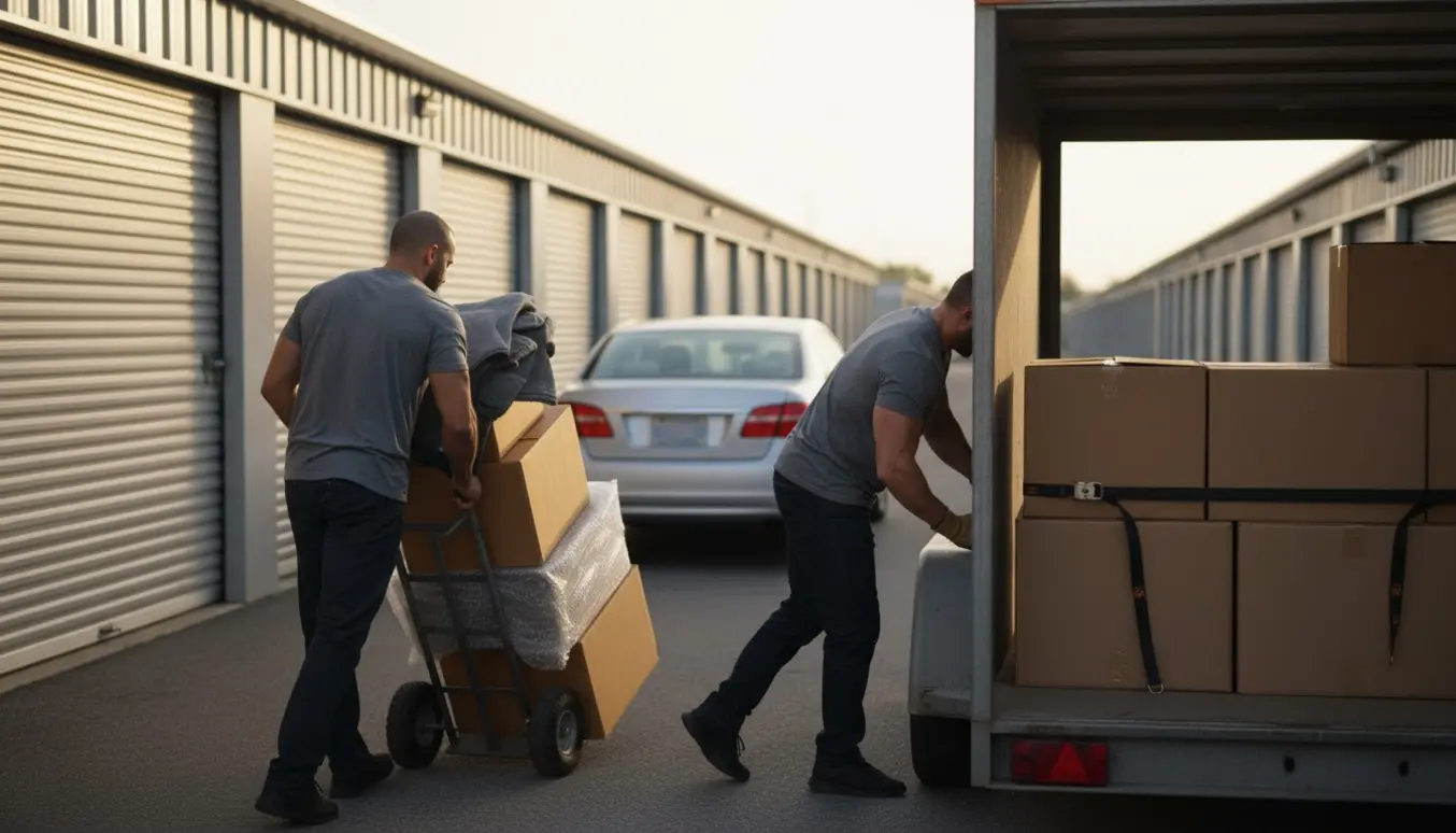 To mænd læsser papkasser fra en trailer ved et opbevaringsanlæg klar til flytning.