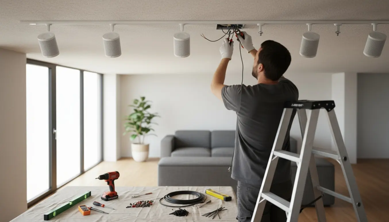 En elektriker monterer og tilslutter fire Sonos-højttalere og opsætter en skinnelampe i en moderne stue.