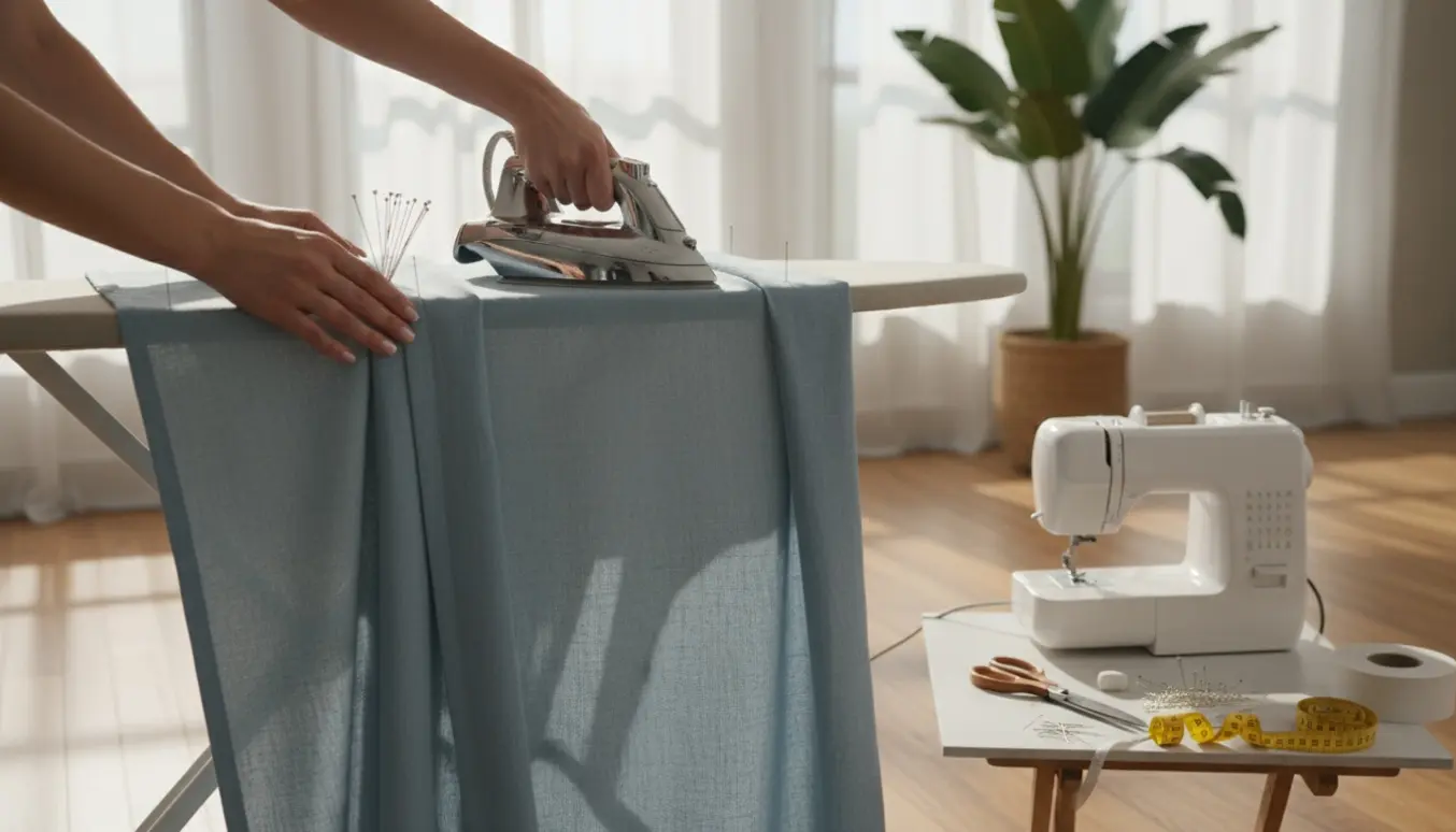 Hænder opsætter og folder gardiner op ved to lange vinduespartier i et lyst, moderne rum.