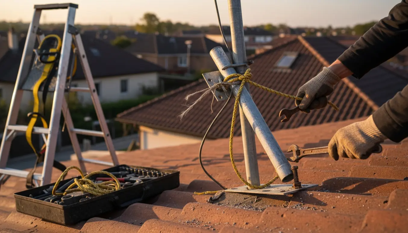 Hænder fjerner en knækket antenne fra et tegltag, med stige, værktøj og sikkerhedsline.