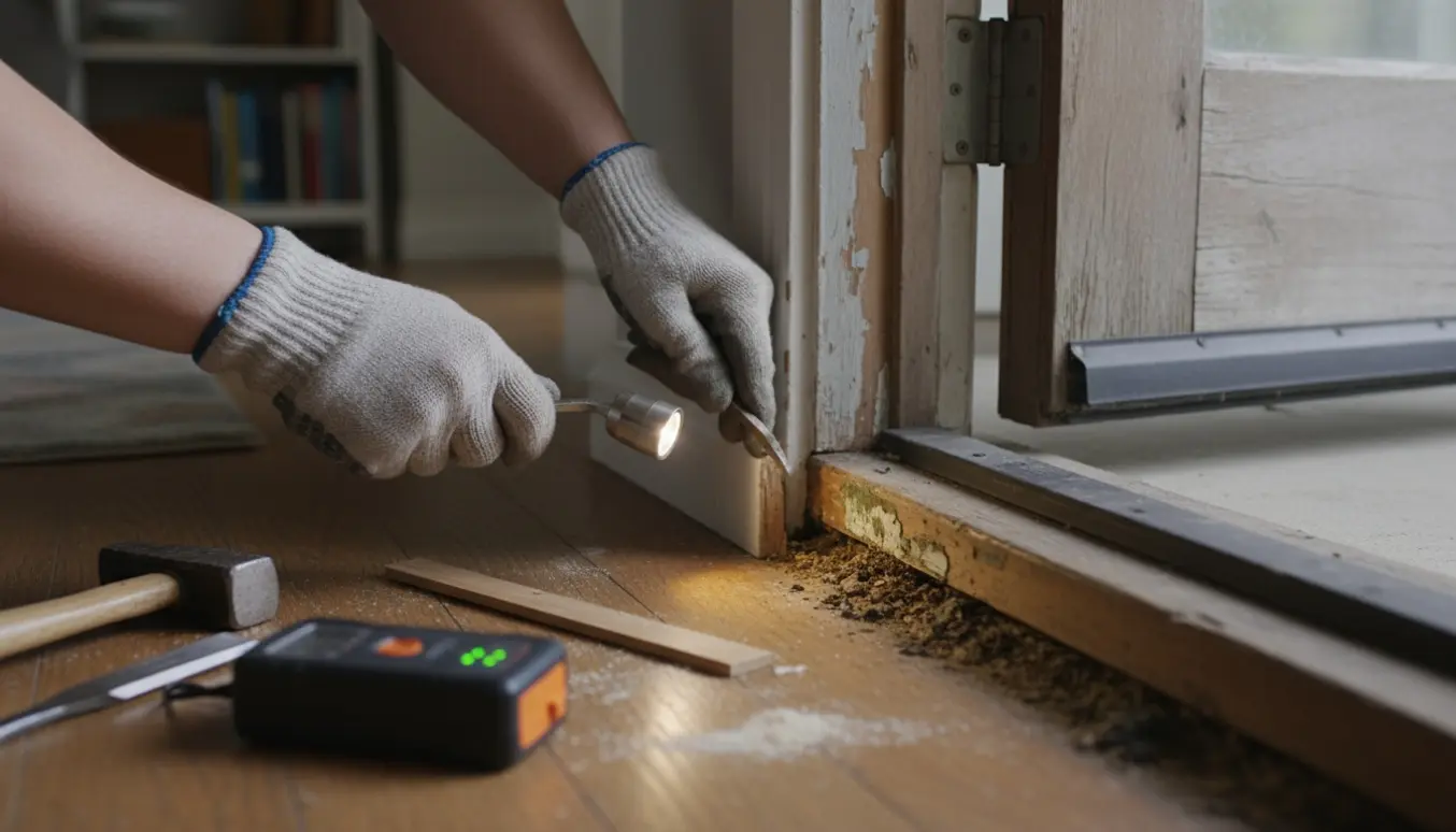 Nærbillede af hænder, der løfter en fodliste ved en yderdør og afslører fugt i gulvrenden.