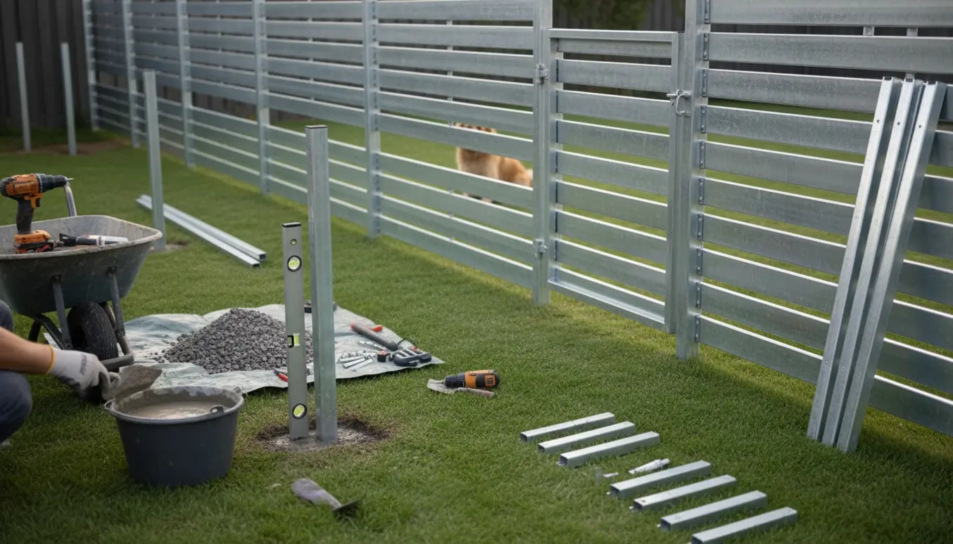 Nedstøbte galvaniserede stolper til lamelhegn og låge med våd beton og værktøj i en have.