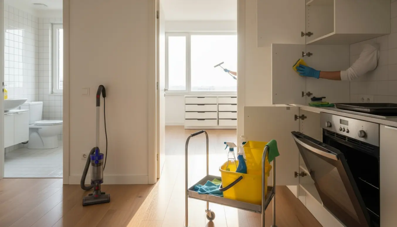 Flytterengøring i en lys, tom lejlighed med rengøringsvogn, moppespand og åbne skabe.