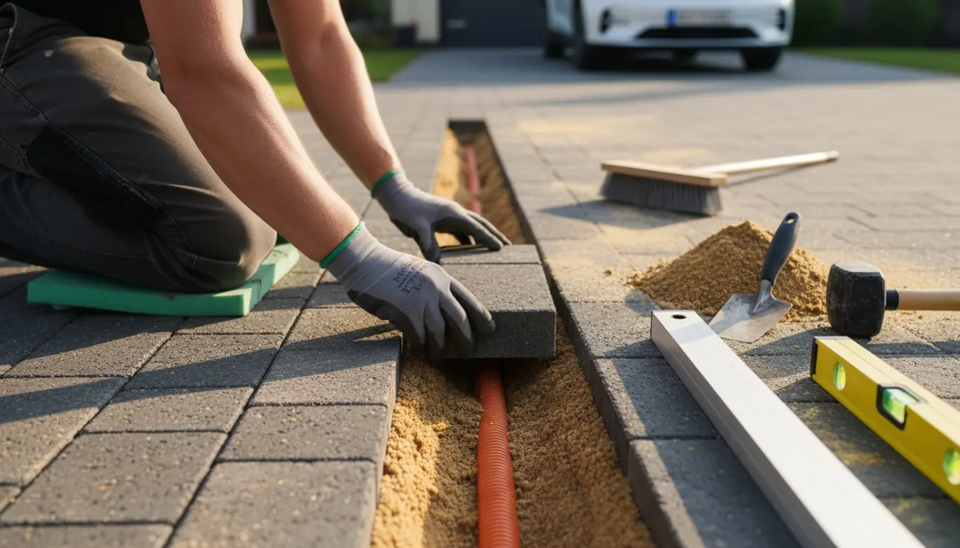 Hænder lægger belægningssten i en smal 10 × 0,5 m sti med synlig nedgravet elkabelføring ved siden af indkørslen.