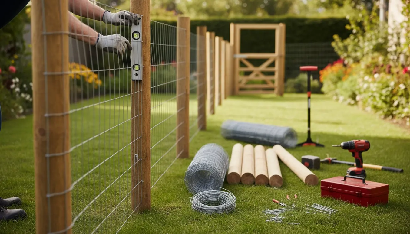 Opsætning af hundehegn med træpæle, tråd og en delvist færdig låge i en baghave.