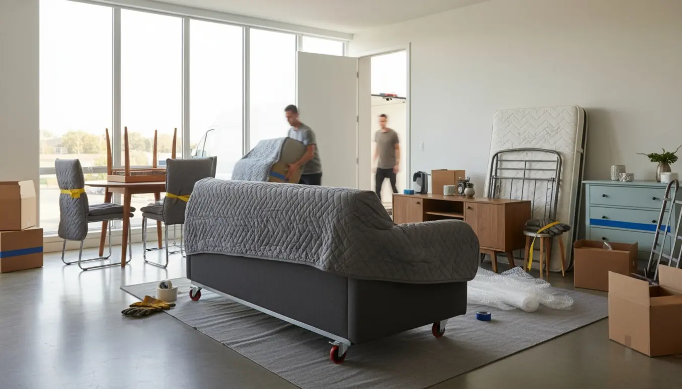 Indpakket sofa, seng og møbler klares til flytning i et soloplyst hjem med åben flyttevogn udenfor.