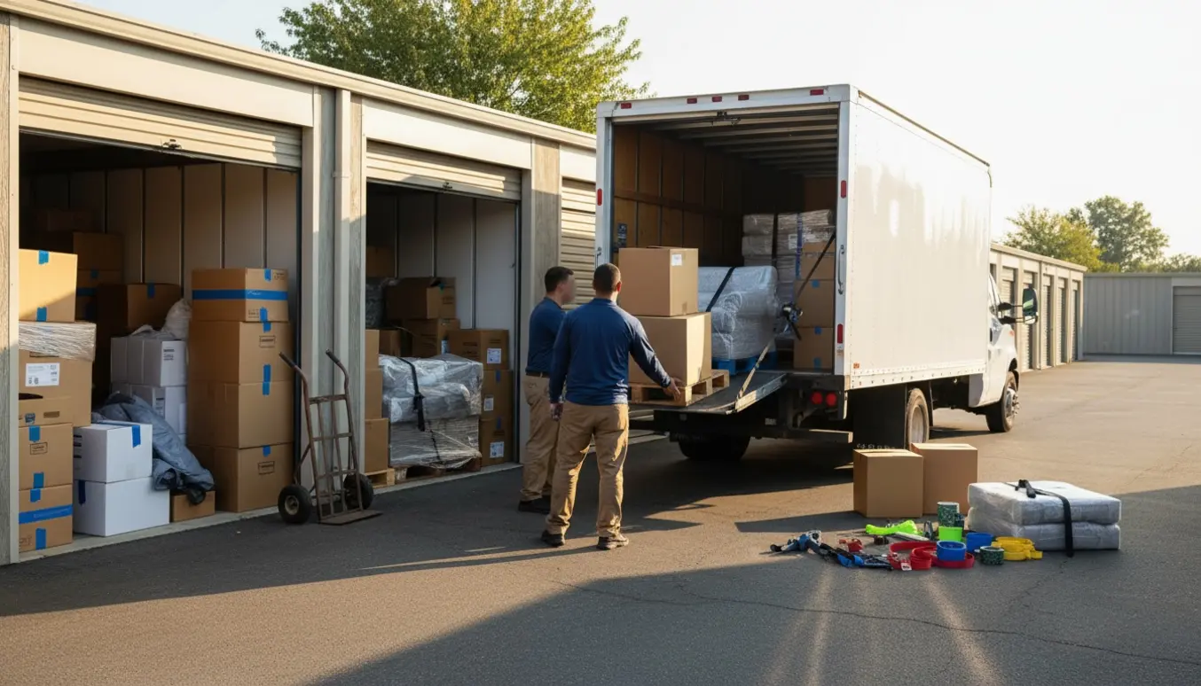 Flyttefolk læsser møbler og kasser fra opbevaringsrum ind i en stor kassevogn med lift.