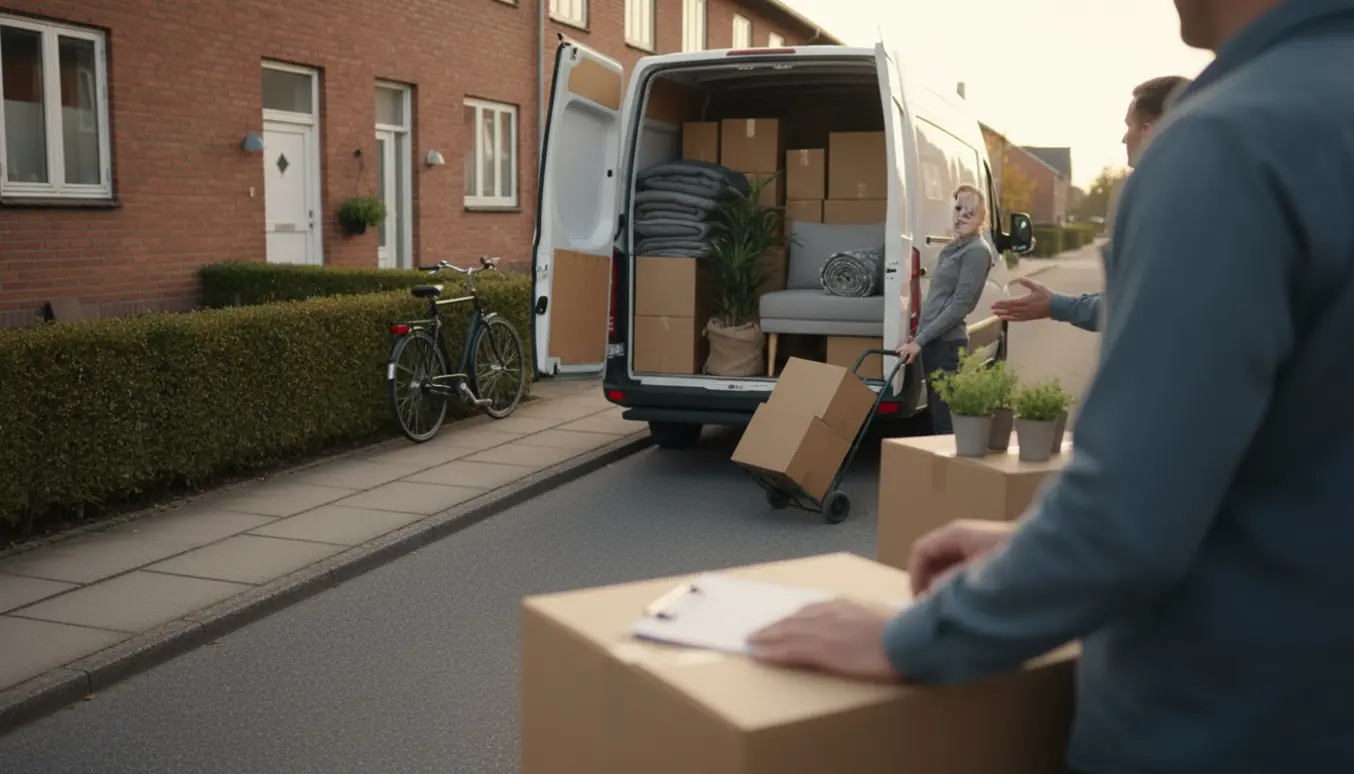 Flyttevogn og flyttekasser udenfor en dansk bolig, flyttere ses bagfra i gyldent sollys.