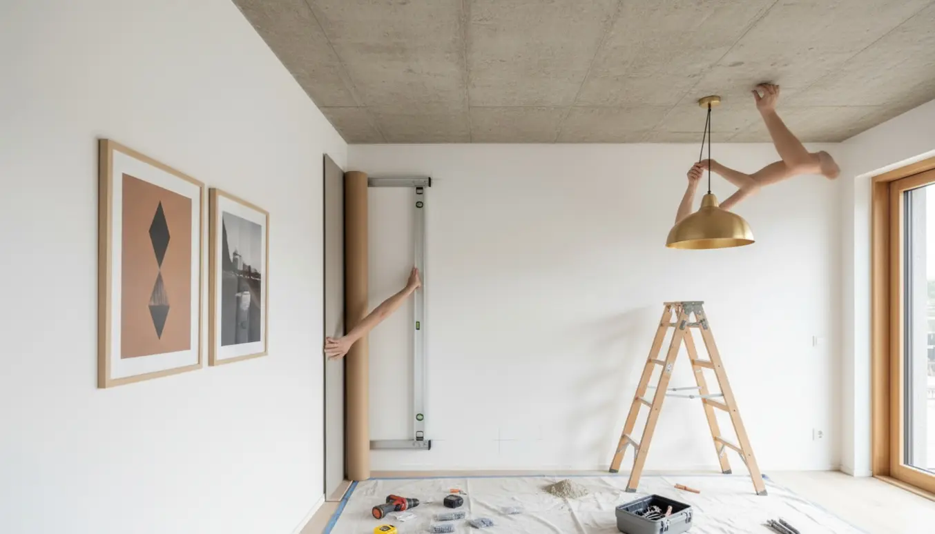 Hænder monterer en pendel i et betonloft, mens en stor plakat og to mindre plakater sættes op på en gipsvæg.