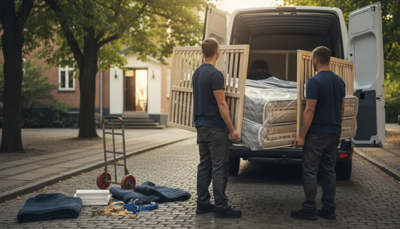 To personer bærer en dobbeltseng ind i en hvid flyttevogn foran en dansk bolig.