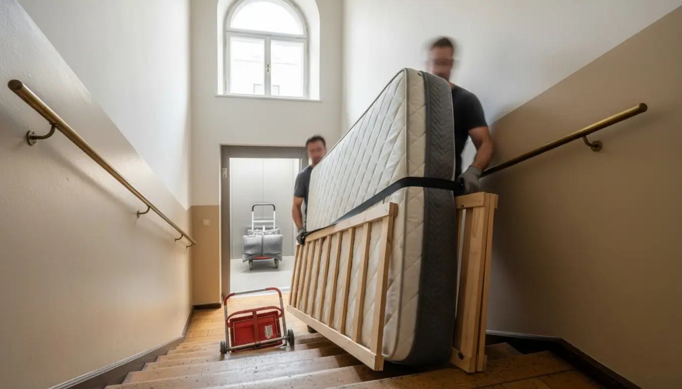To flyttefolk bærer en 140x200 cm madras op ad en snæver trappe, mens en tom elevator ses i baggrunden.