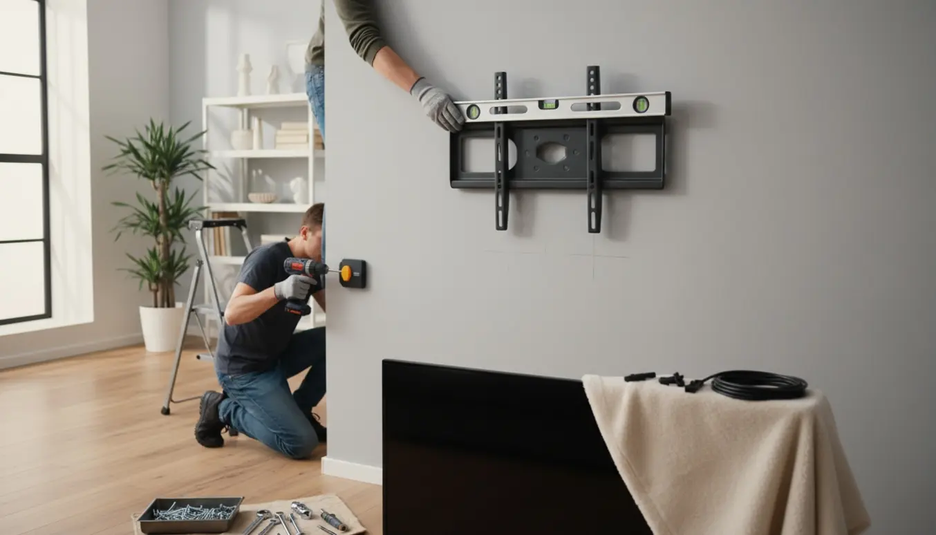 To personer monterer et TV-stativ på væggen i en moderne stue, med fokus på hænder og værktøj.
