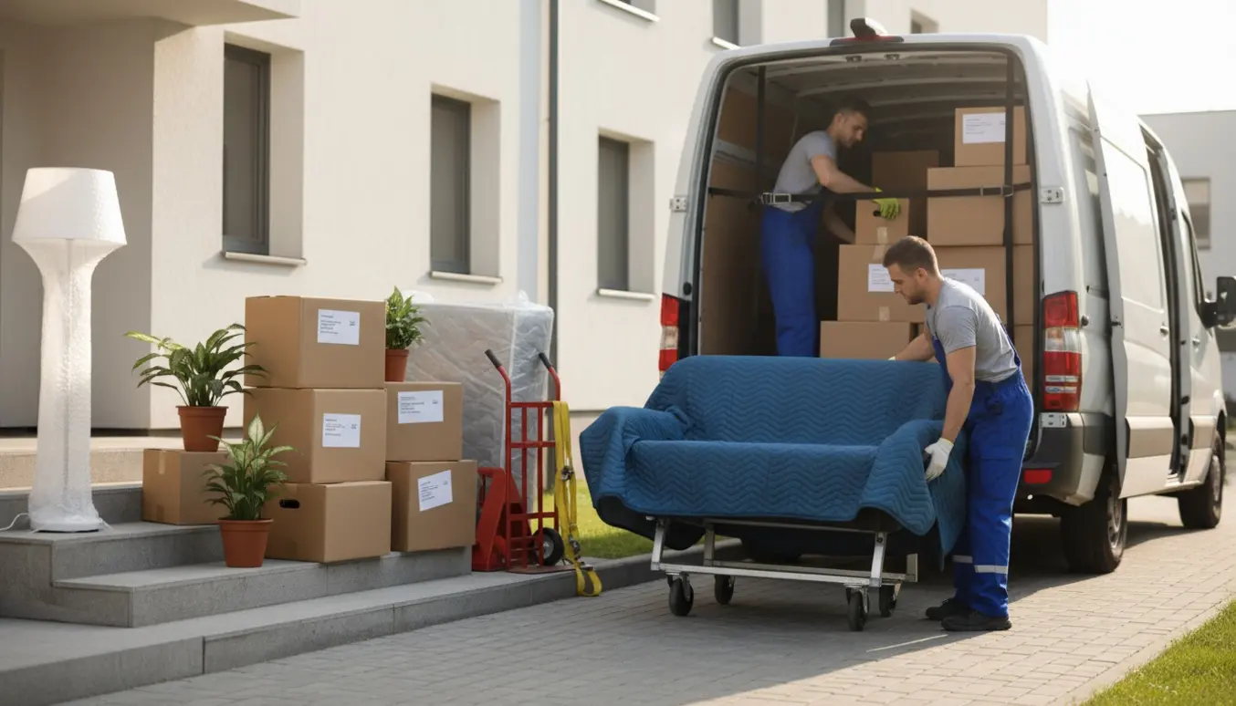 To flyttefolk læsser møbler og kasser i en hvid flyttebil foran en bolig på en solrig morgen.