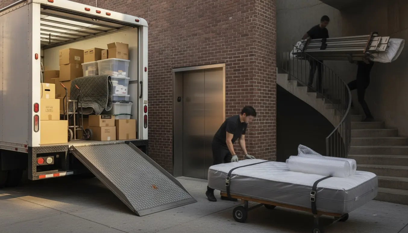 To flyttemænd bærer sengestel op ad trappen fra et depotrum mens en lukket varebil med ramp står parkeret ved indgangen.