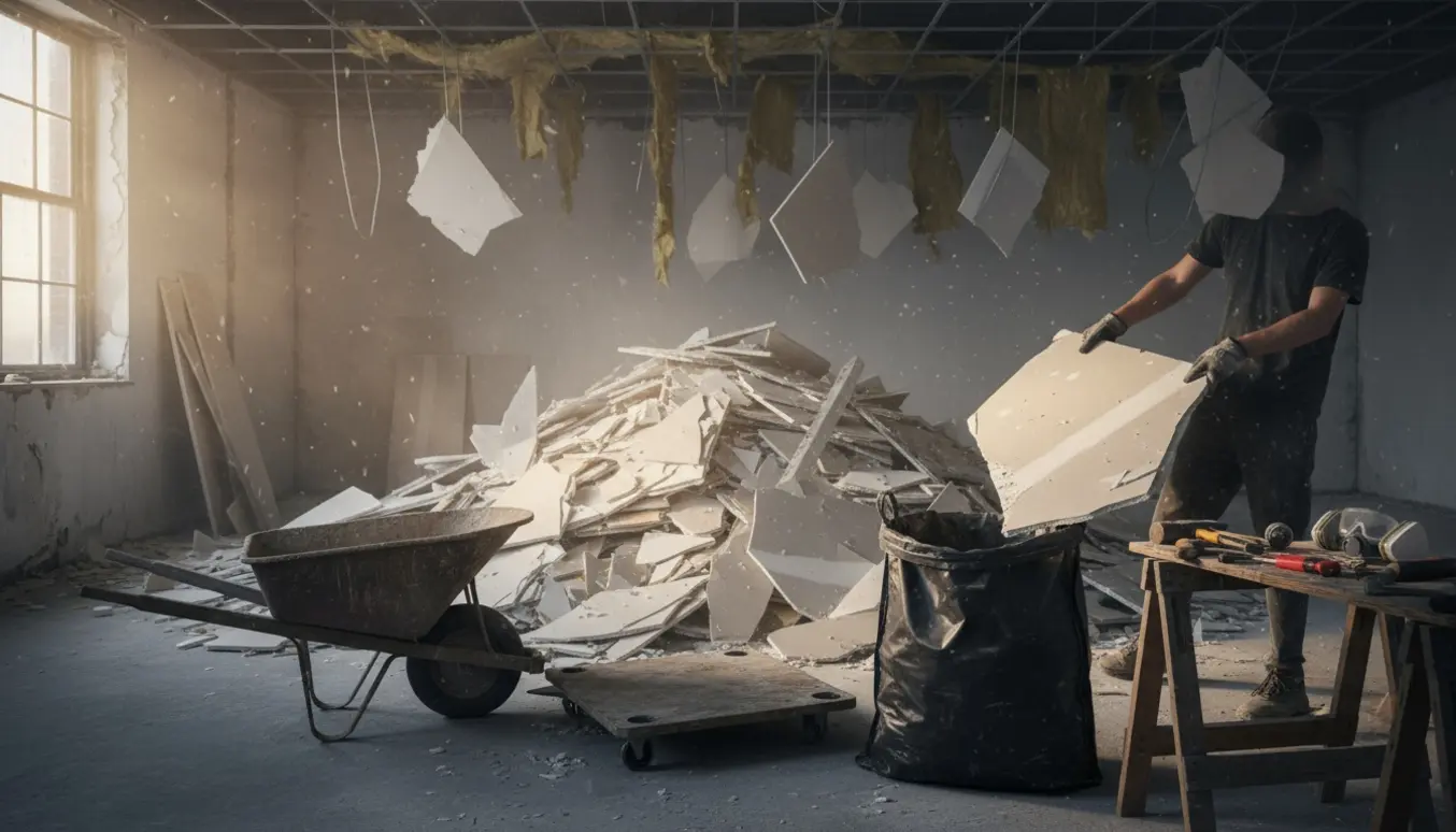 Gipsplader, loftsplader og byggeaffald samles op i renovationsposer i et rum efter nedrivning.