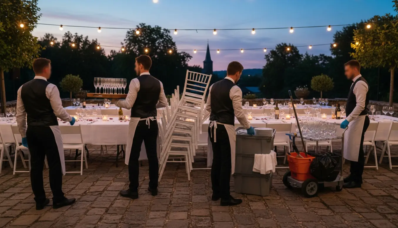 Tjenere rydder op efter bryllupsreception i gårdhave ved et gammelt gods med borde, glas og rengøringsudstyr.