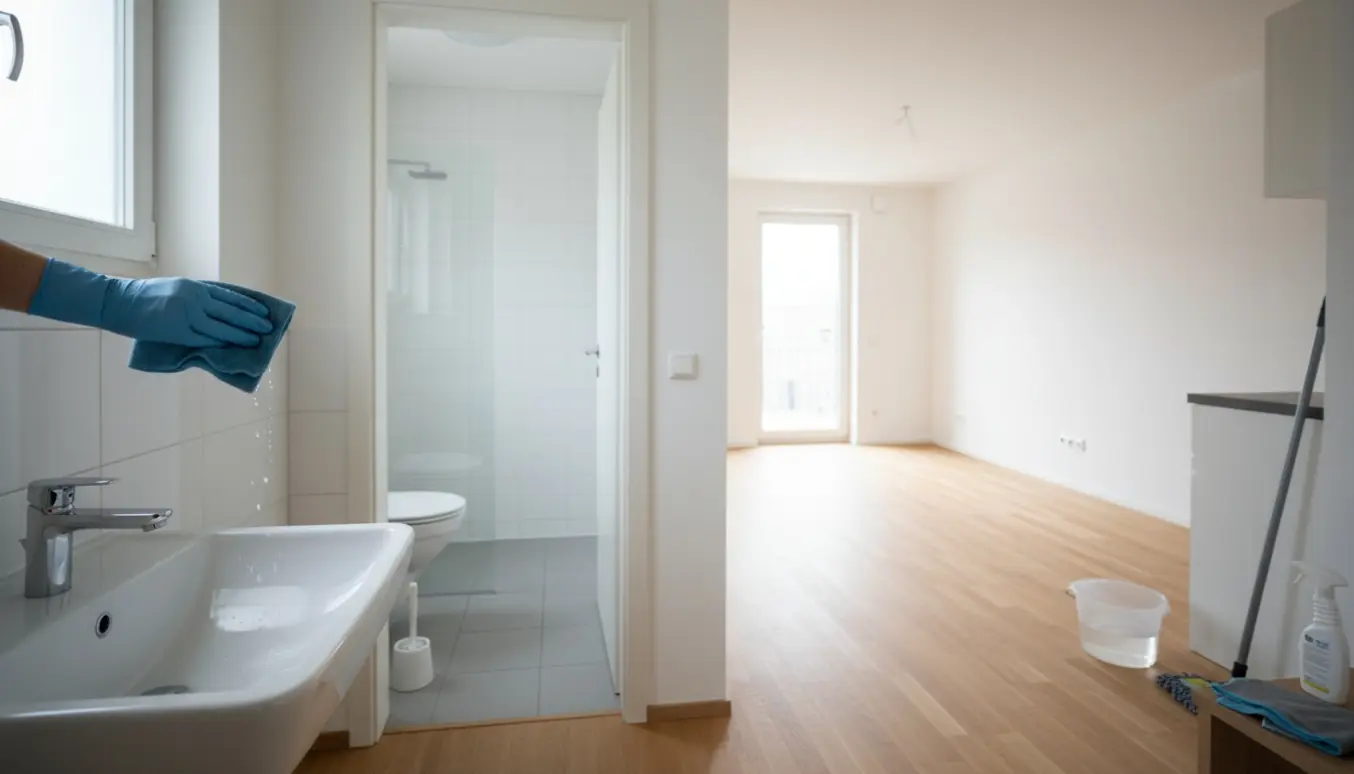 Tom treværelses lejlighed med rengøringsudstyr og en handske, der afkalker badeværelsesvask og lille vindue.