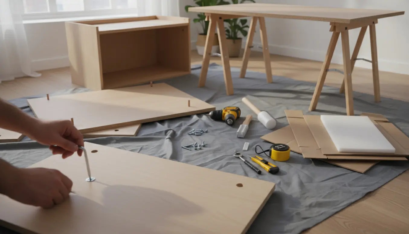 Hænder samler en moderne fladpakket kommode (80 x 123 cm), mens en 60 x 75 cm bordplade er fjernet og bølgepap pakkes sammen.