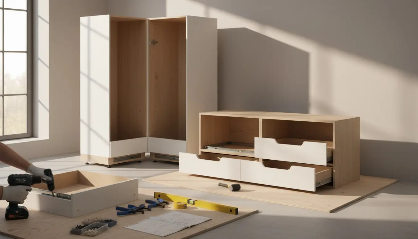 To høje, smalle køkkenskabe under samling i et lyst køkken med værktøj og skuffesokler.