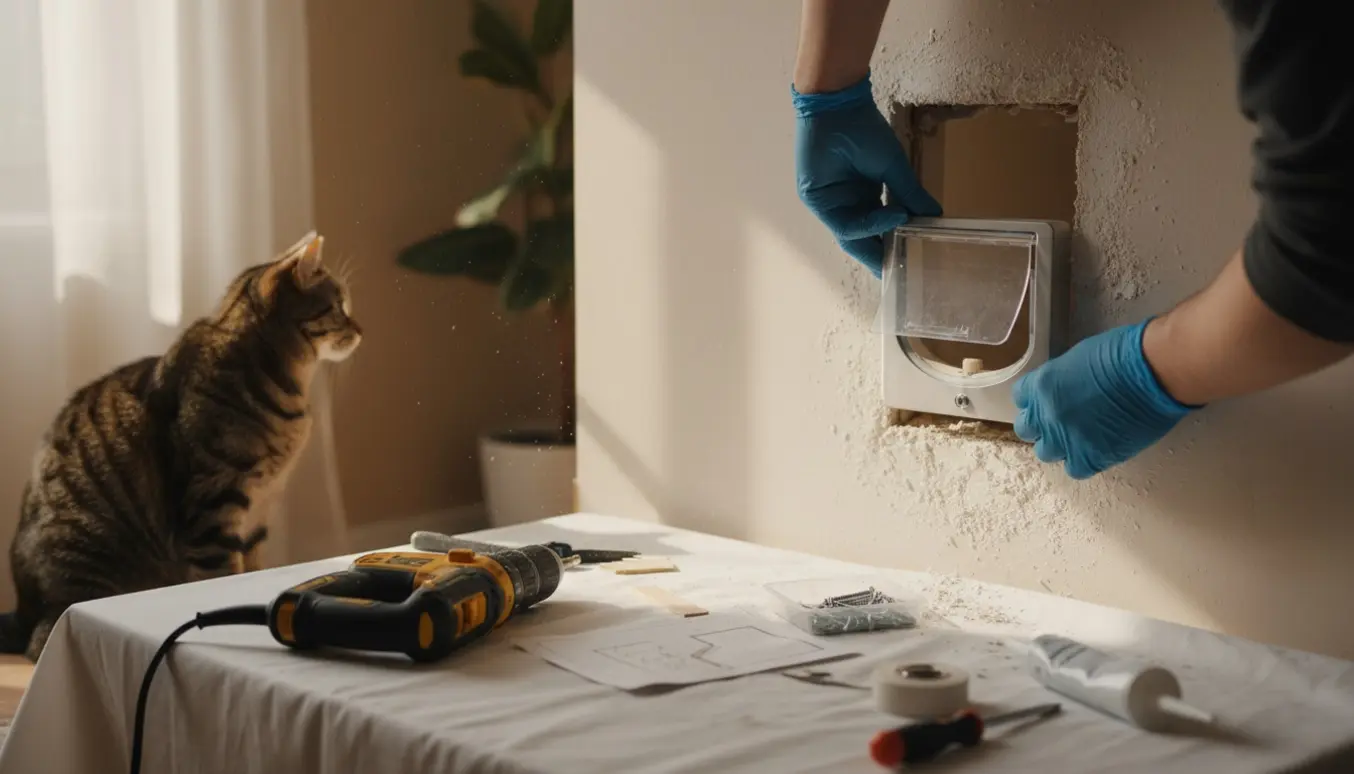 Montering af kattelem i en fibergipsvæg med værktøj lagt frem og en kat ved åbningen.