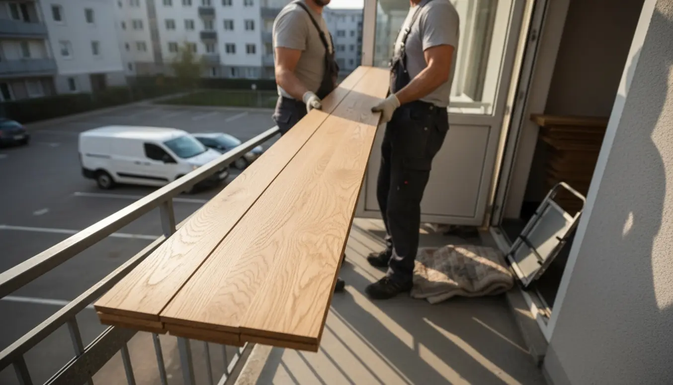 To personer bærer en stak lange parketgulvbrædder fra en lejlighed på tredje sal ned til en parkeringsplads.