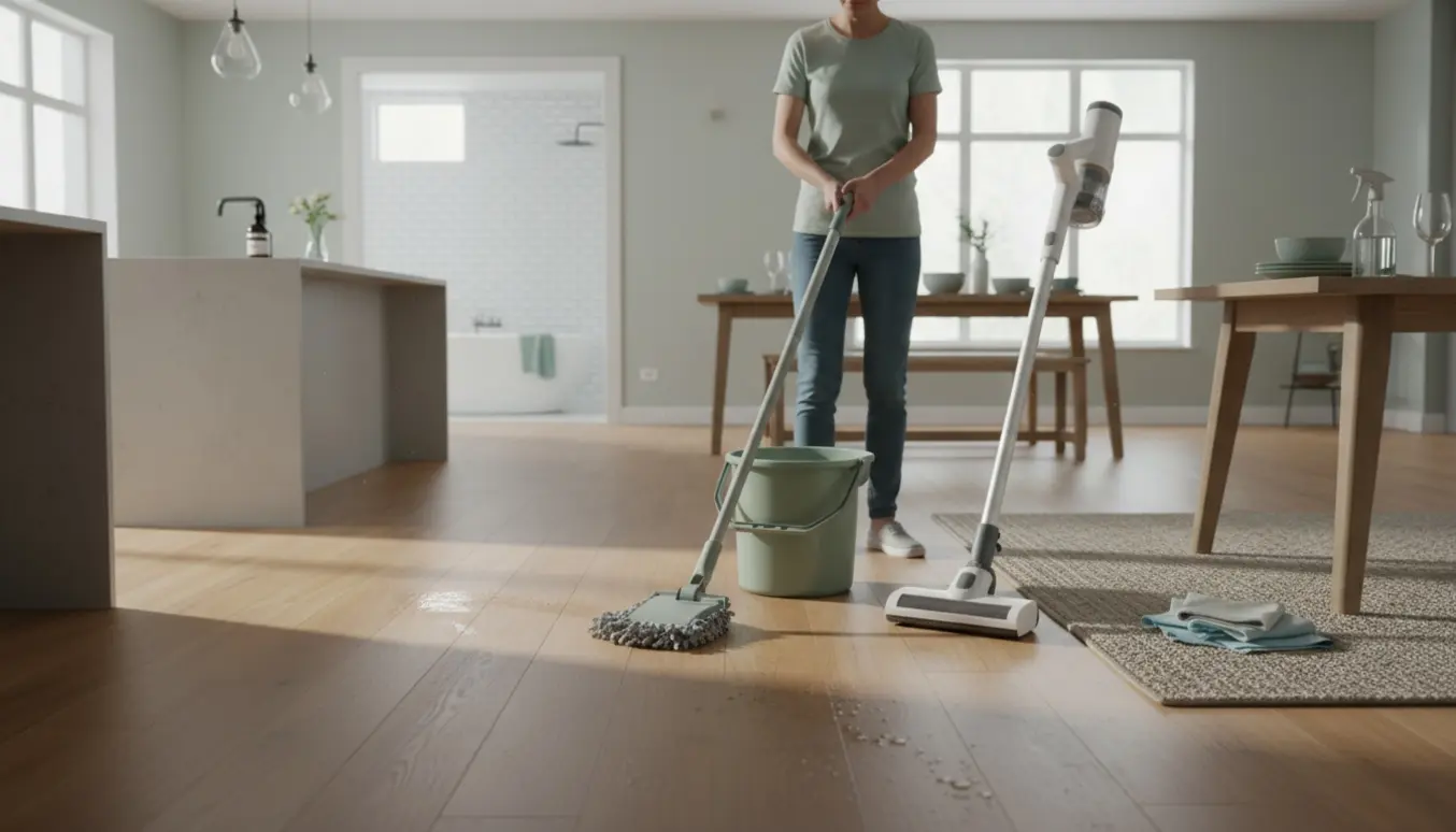 Hænder gør daglig rengøring i et lyst, to-etagers hjem med moppe, støvsuger og klude – ingen ansigter synlige.