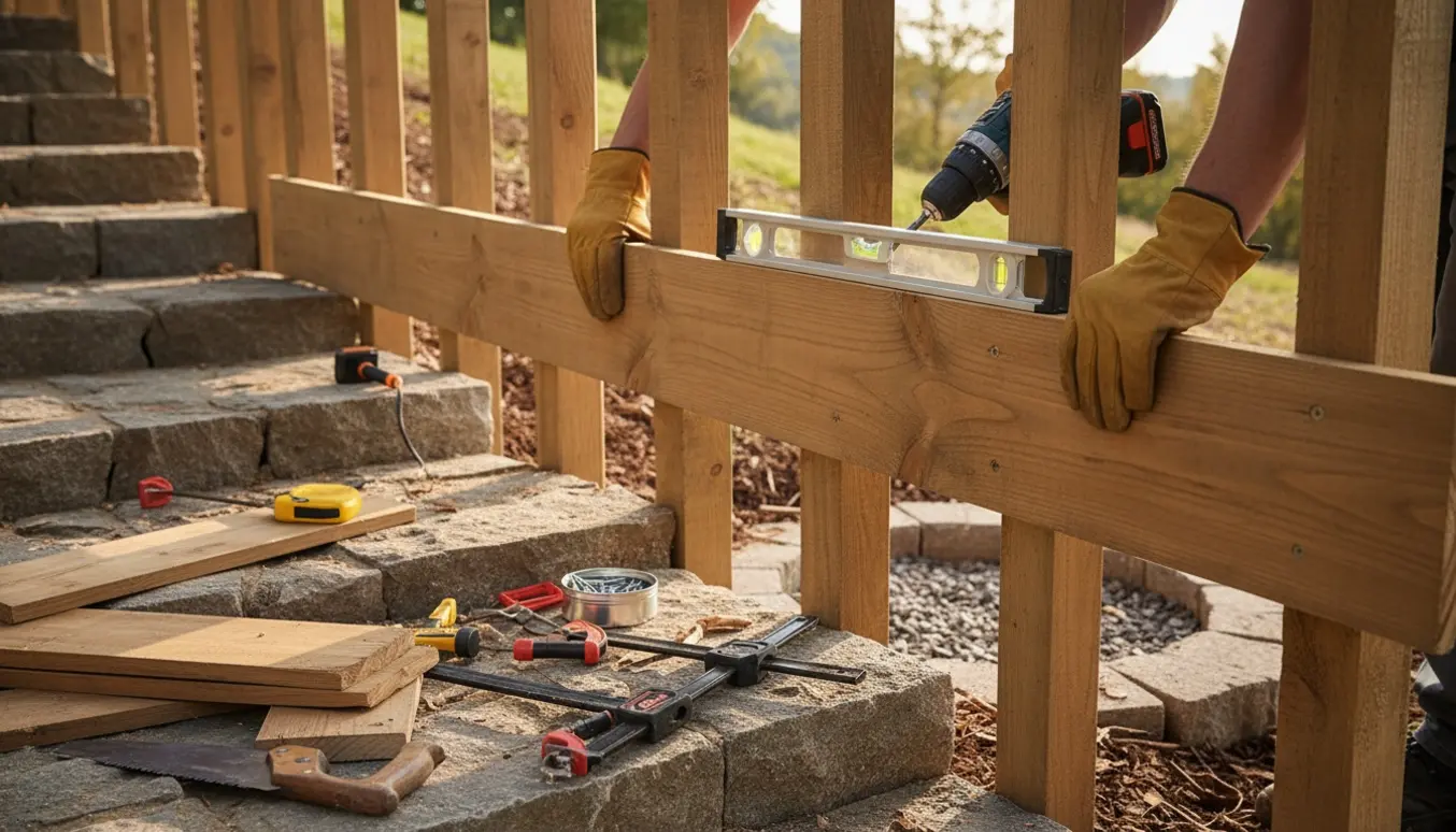 Håndværker monterer et træhegn langs en udendørs trappe med stolper, brædder og værktøj.