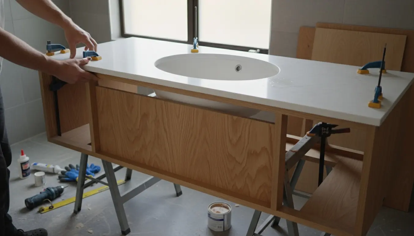 Halvfærdigt badeværelsesskab i træ under en bordplade med vask omgivet af værktøj.