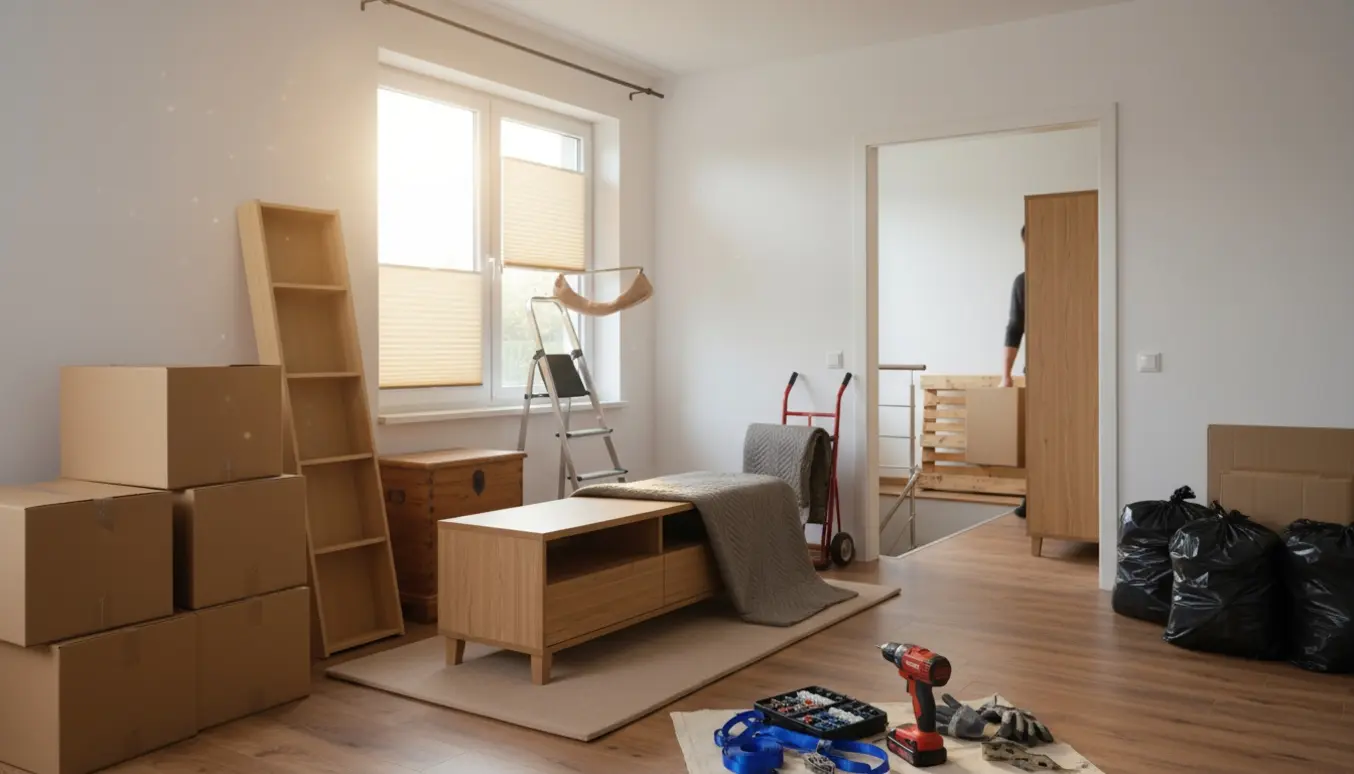 Indendørs flytteopgave med stabler af flyttekasser, møbler på dolly, værktøj og sorte sække med foldet pap.