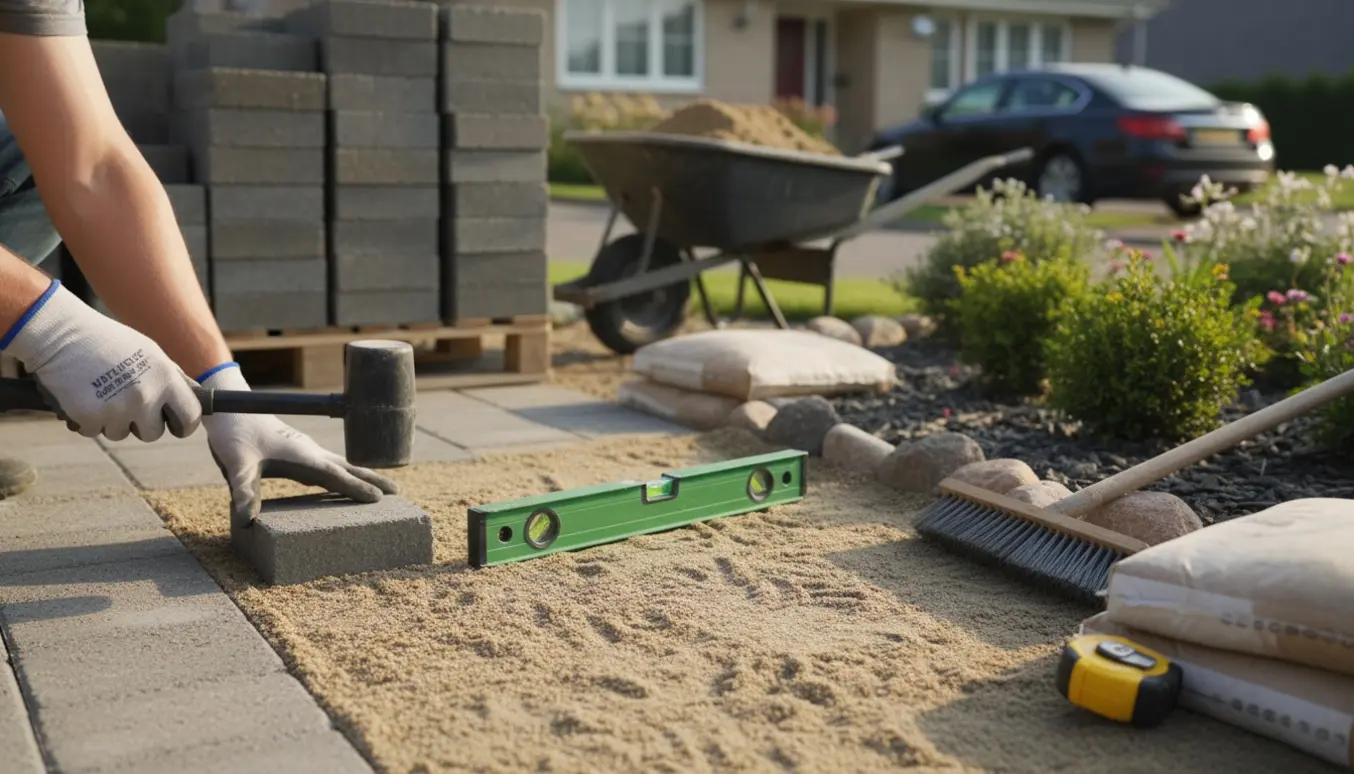 Hænder lægger kvadratiske fliser ved en indkørsel med værktøj og sand.