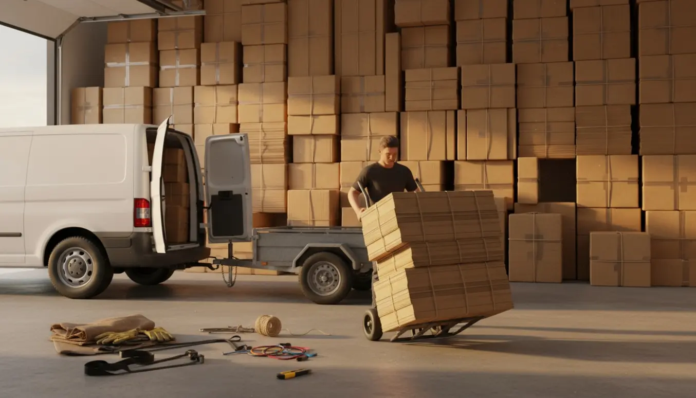 Et rum fyldt med sammenfoldede papkasser, der læsses på en varevogn med håndtruck klar til kørsel til lossepladsen.