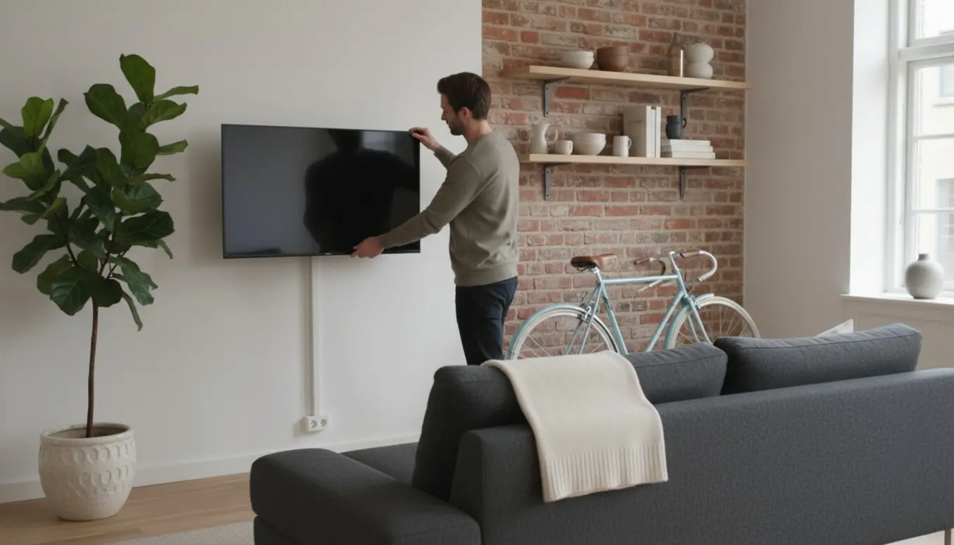 En person hænger et moderne fladskærms-tv op på væggen i en lys lejlighed på Nørrebro.