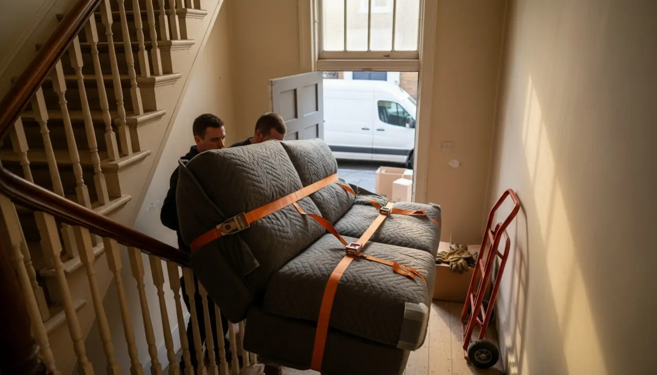 To flyttemænd bærer en 3-personers sovesofa ned ad en lejlighedstrappe, pakket i flyttetæpper og remme.