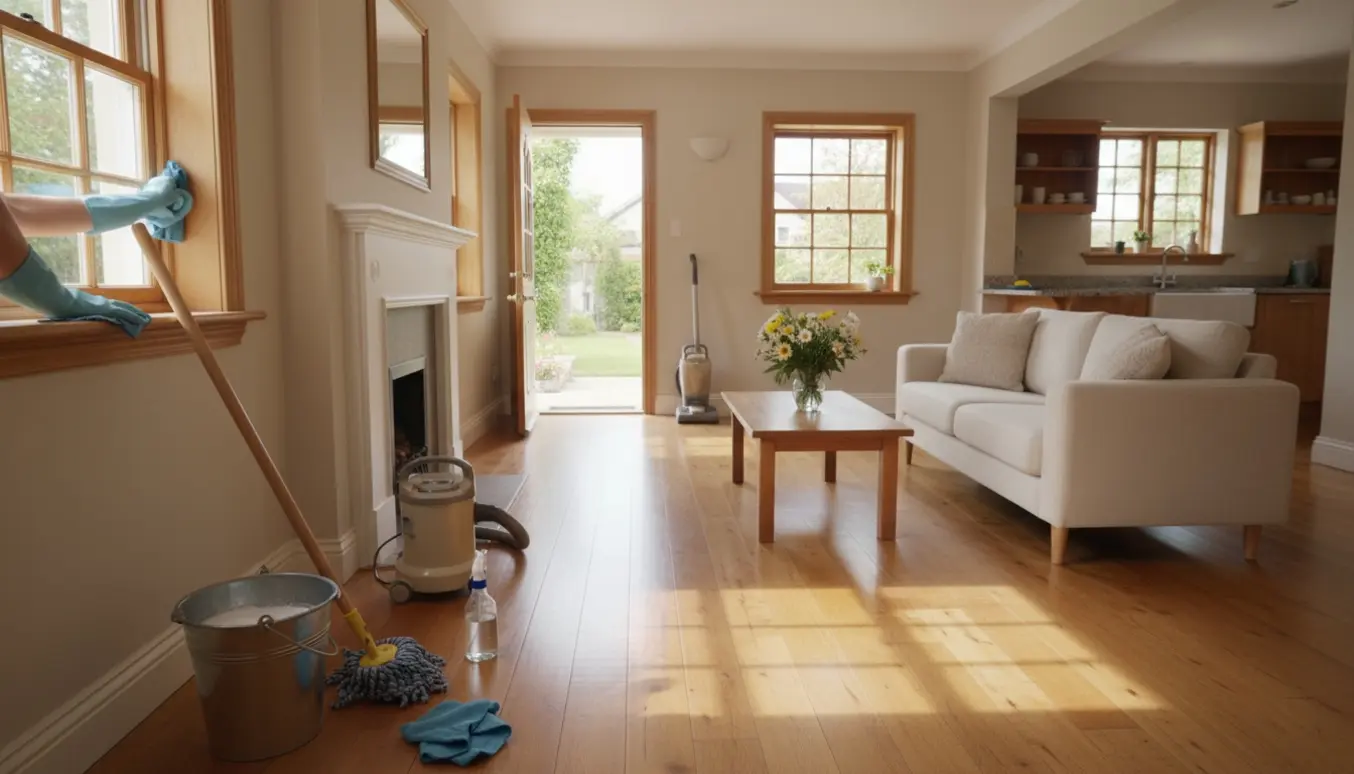 Soloplyst bungalow-stue med rengøringsredskaber og handsker, klar til fremvisning.