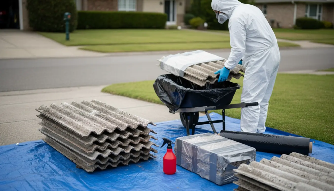 En person i beskyttelsesdragt pakker og fjerner asbestplader fra indkørslen.