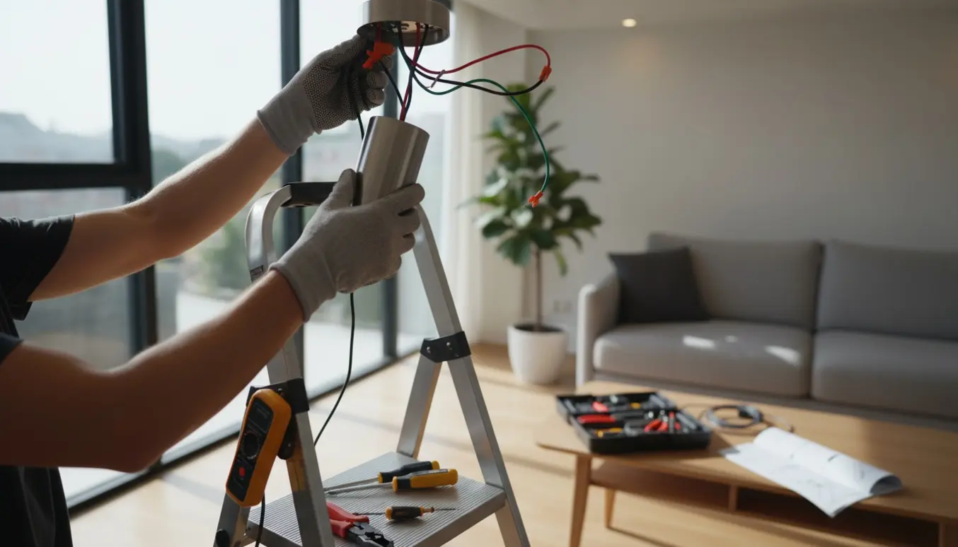 En person monterer en loftslampe fra en stige, med værktøj og blottede ledninger synlige.
