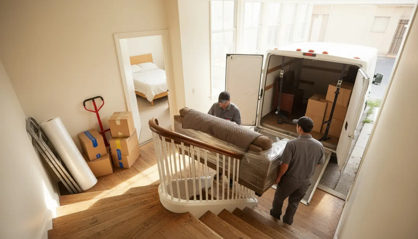 To flyttemænd bærer en indpakket sofa ned ad en solbelyst trappe mod en åben flyttevogn med stakkede flyttekasser.