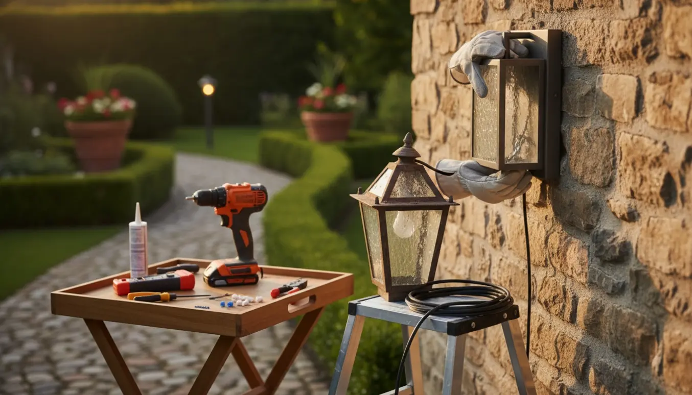 En elektriker udskifter en ny udendørsvæglampe i en have ved gylden solnedgang.