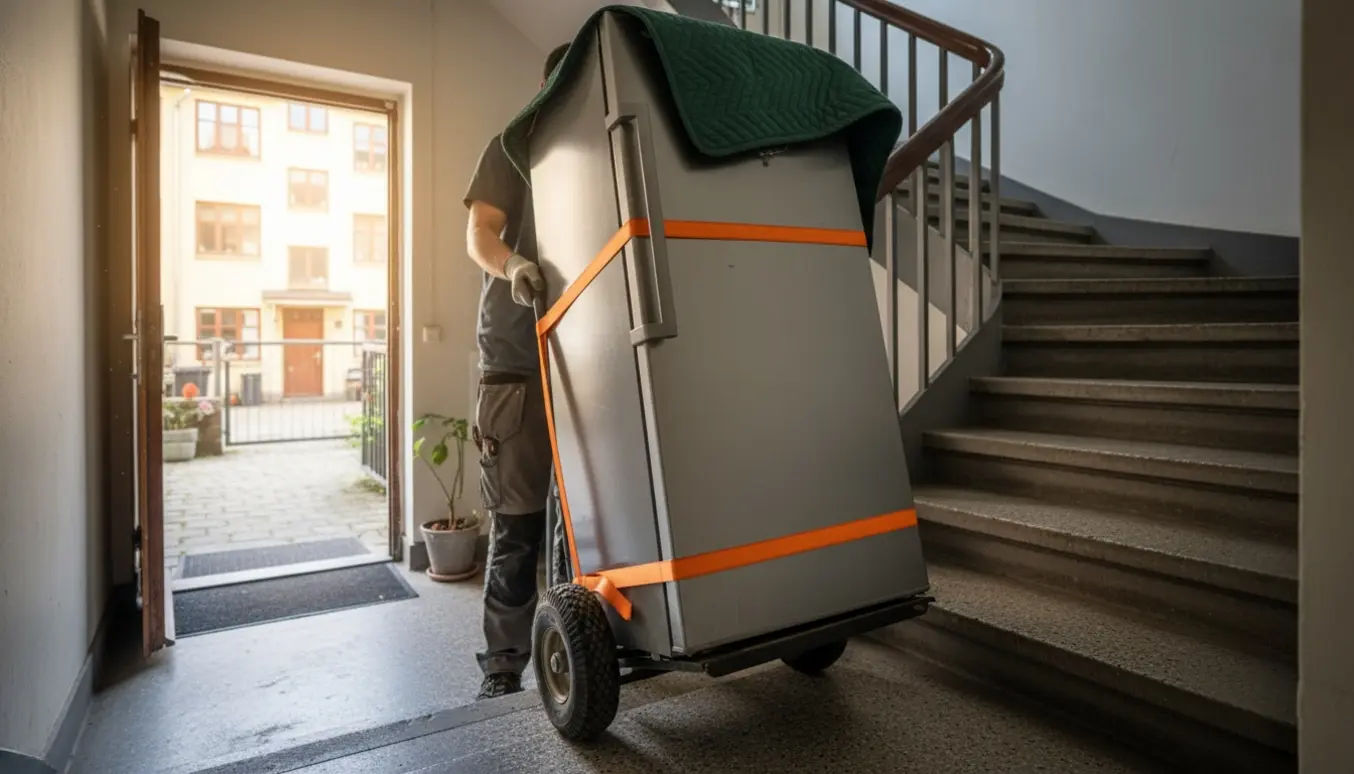 Et 174 cm kølefryseskab sikret på en sækkevogn bæres ned ad trappen mod en solbelyst baggård.