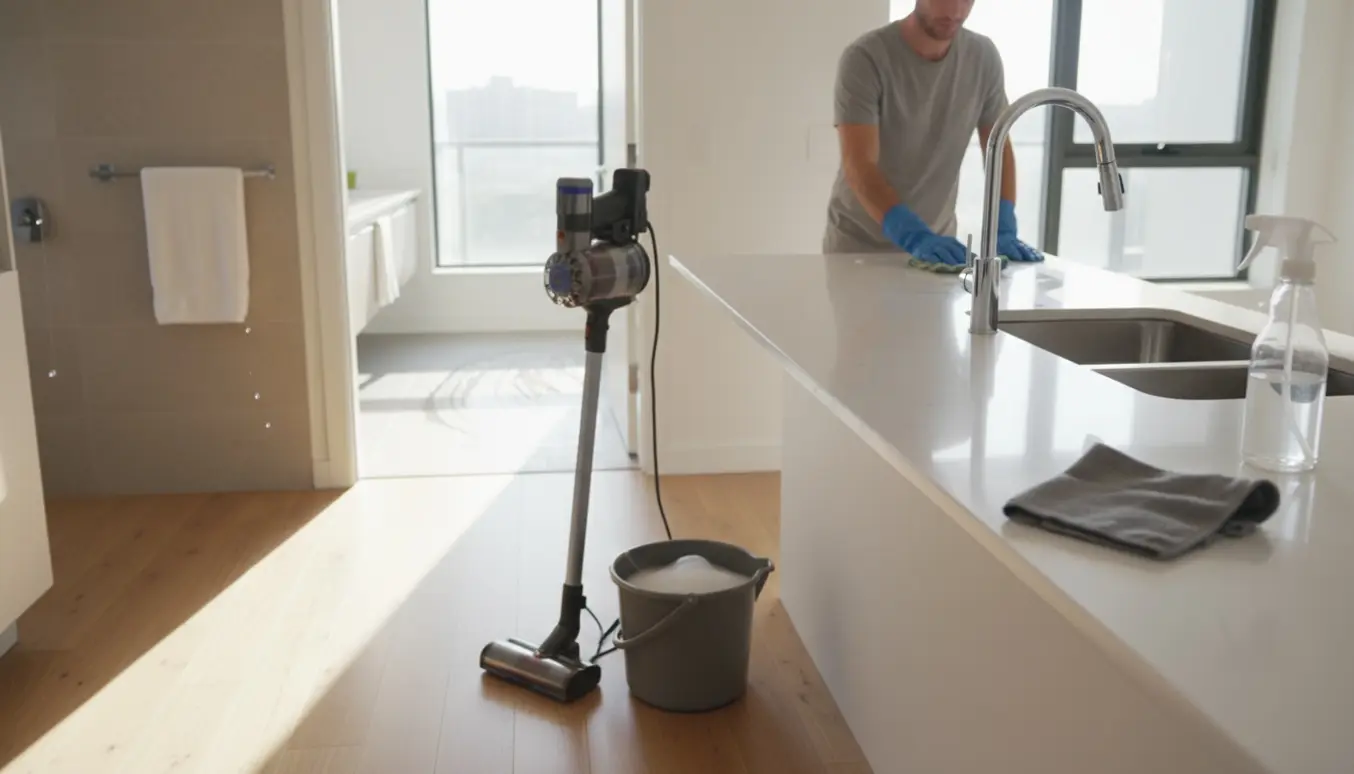 Lys, åben lejlighed med rengøringsudstyr og hænder, der tørrer en køkkenbordplade.