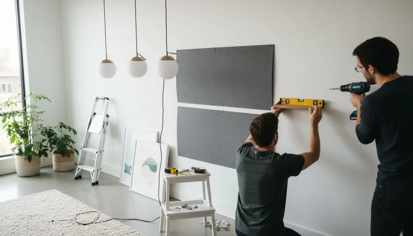 En håndværker monterer pendellamper, akustikplader og små væghylder i et lyst, moderne rum.