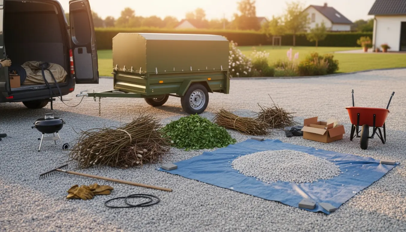 Lukket trailer ved en grusvej med bundter af grene, granitskærver og løse genstande klar til afhentning.