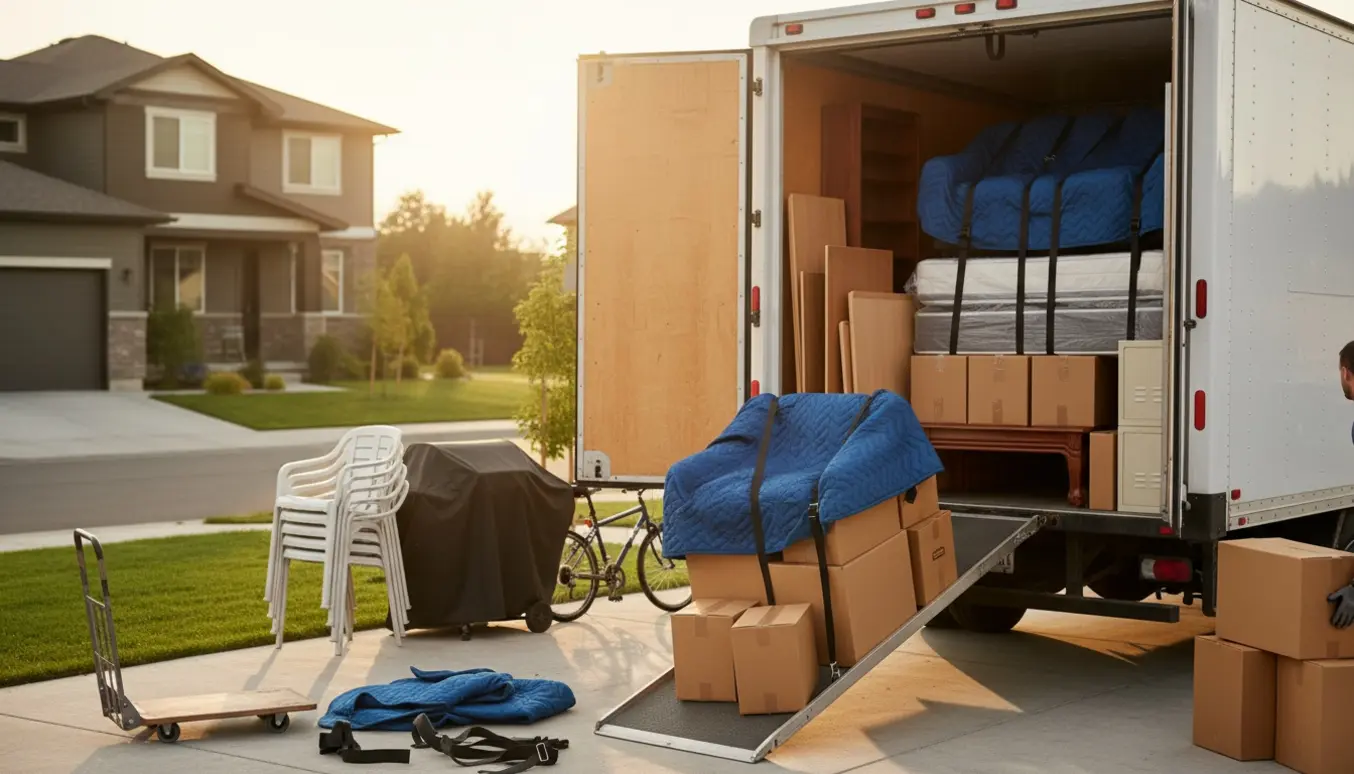 Flyttebil lastes på en indkørsel med sofaer, møbler, cirka 20 flyttekasser, grill og to cykler.