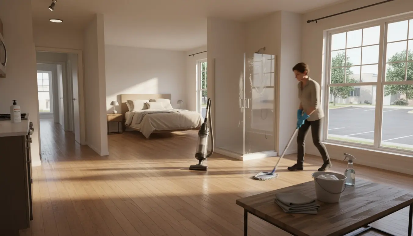 Lejlighed til månedlig rengøring med støvsuger, gulvmoppe, klude og en afkalket brusekabine i naturligt dagslys.