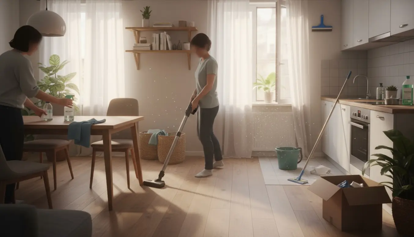 Soloplyst 65 m² lejlighed under forårsrengøring med støvsuger, moppe og foldet vasketøj.