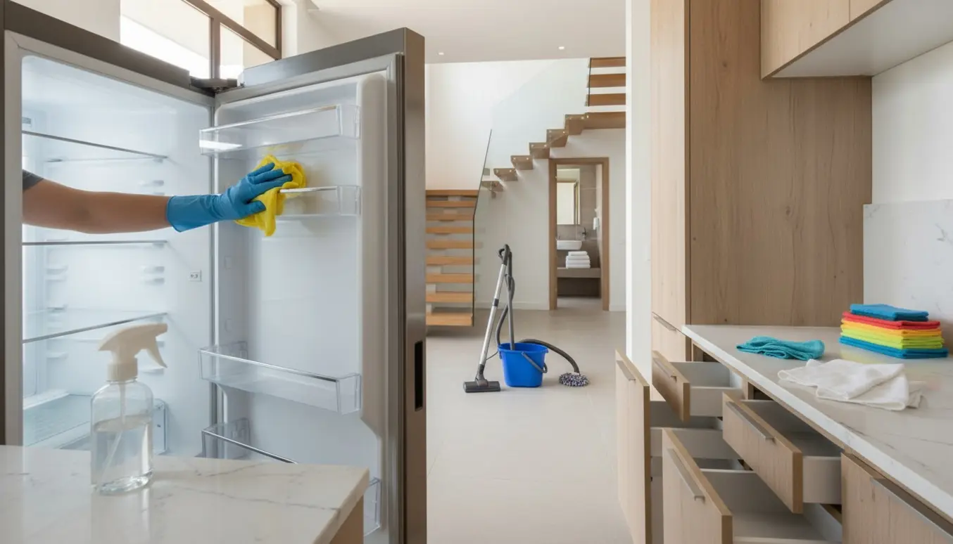 Lyst to-etagers villainteriør under hovedrengøring med åben køleskab, rengøringsmidler og handsker.