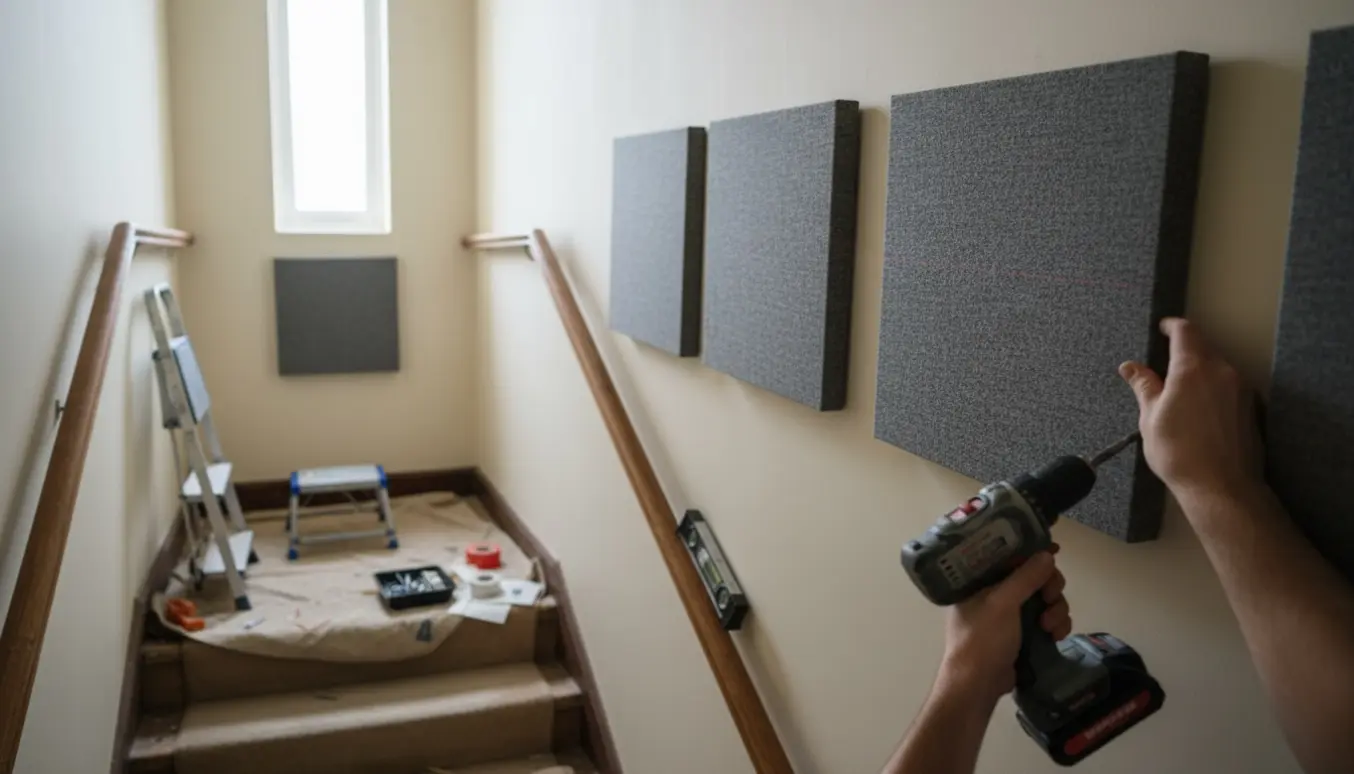 Tre 55x55 cm akustikbilleder hængt lodret i en smal trappeopgang, én monteres med værktøj på gelænderet.