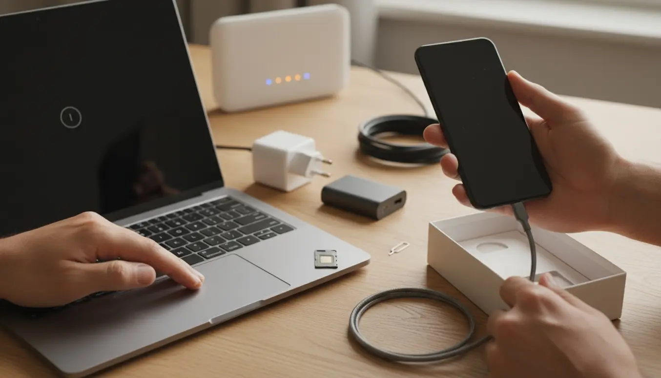 Hænder fejlsøger opstart på en bærbar og en ny mobil ved et ryddeligt skrivebord med oplader og SIM-tray.